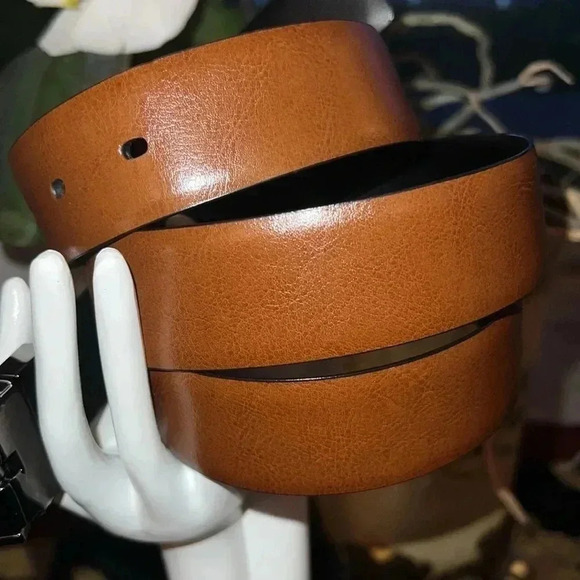 Perry Ellis Men’s Black Brown Reversible Leather Belt Gun Metal Square Buckle - Picture 16 of 16